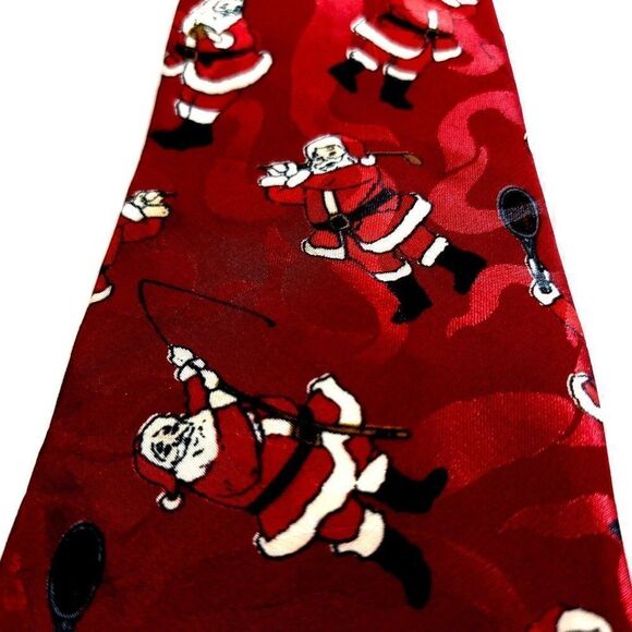 Wembley Christmas Santa Klaus Golf Fishing Red Polyester Jacquard Print Tie - Picture 2 of 6